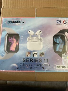 S5000Pro Series 11 Smartwatch & Earphones - Pink/Blue/Purple Accents